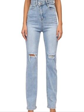 Light Blue Distressed Wide-Leg Jeans
